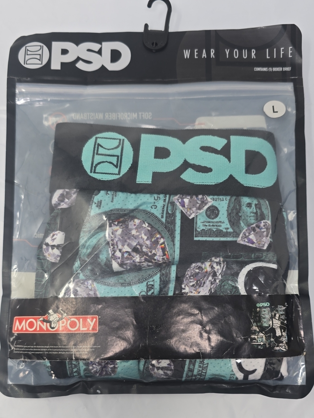 PSD Boxer Briefs -monopoly park ave. Teal Money & Diamond Print